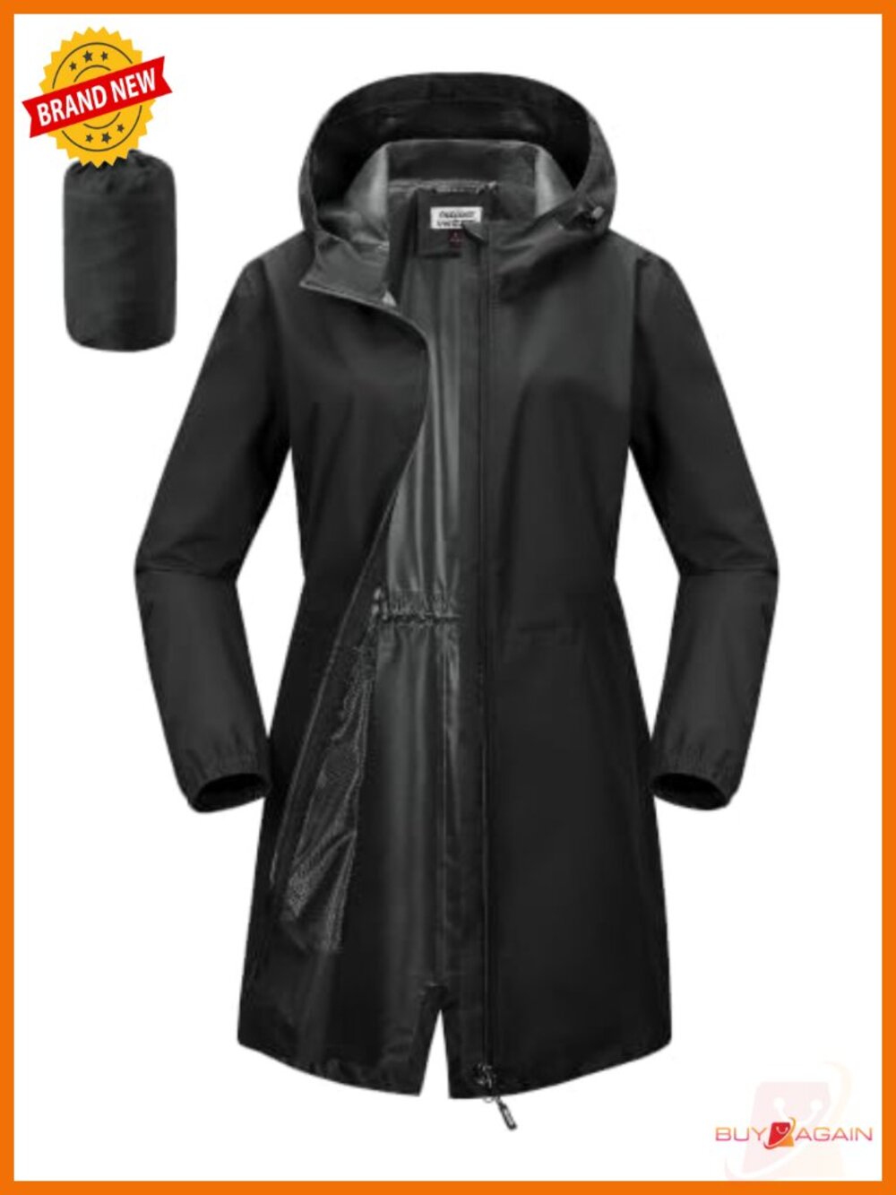 Waterproof Long Rain Jacket with Hood Packable Lightweight